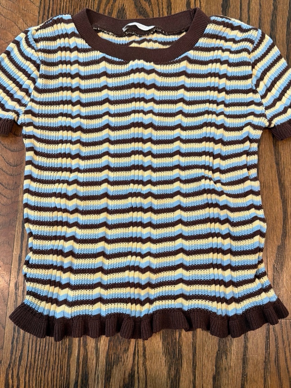 Zara Brown, Cream & Light Blue Striped Knit Top with Ruffle Hem